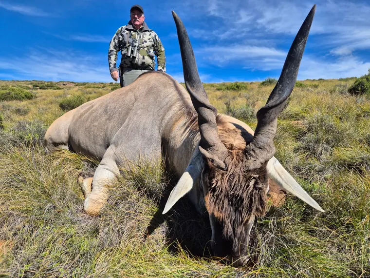 Hunter behind a mature plains game trophy beneath a blue South African sky