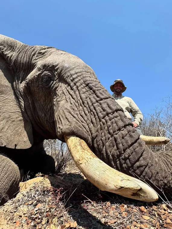 Hunter with an elephant beneath a blue sky