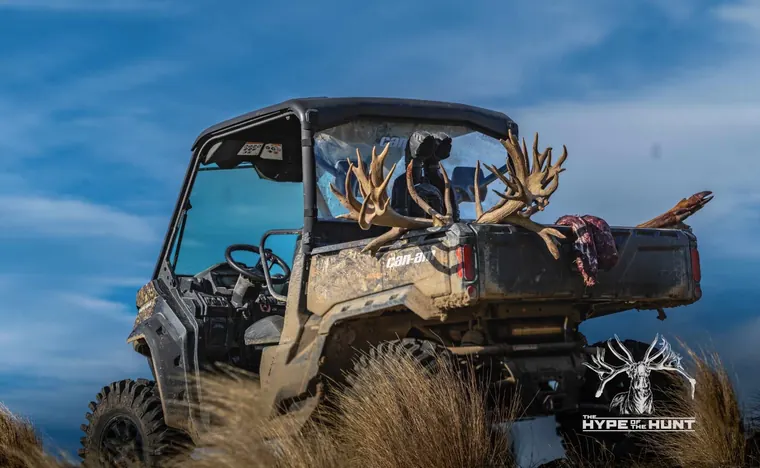 Red stag antlers secured in a hunting vehicle in New Zealand high country