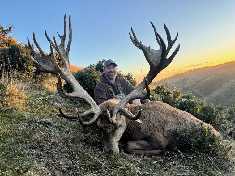 Hunter with a mature red stag at sunset in New Zealand