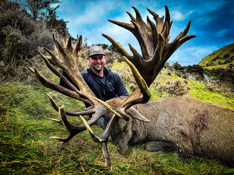 Hunter with an exceptionally wide red stag trophy in New Zealand