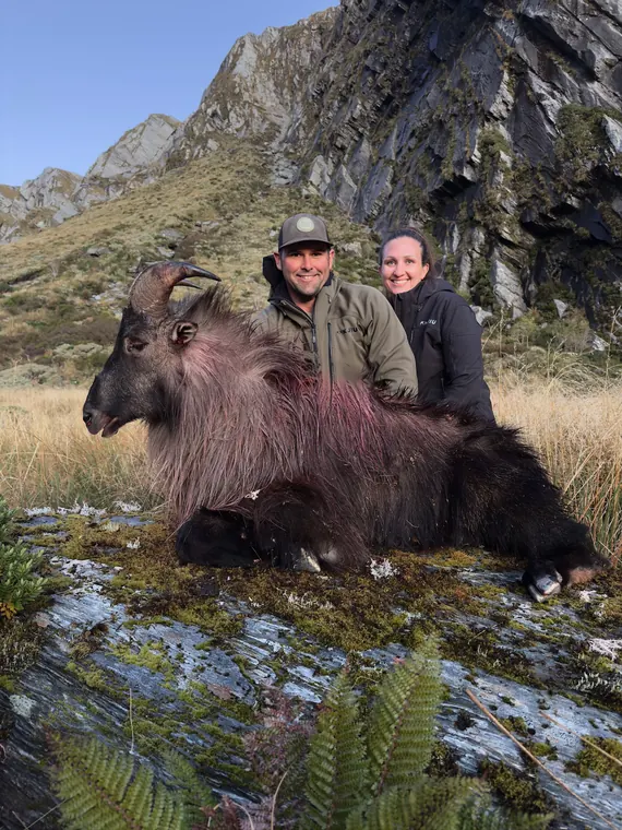 Two hunters with a Himalayan tahr trophy in steep New Zealand mountains