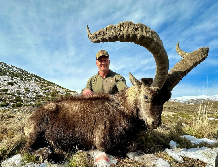 Hunter with a Gredos ibex in rocky mountain country, Spain
