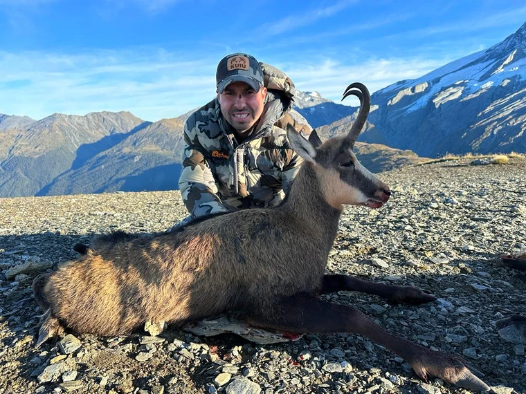 Hunter with a Pyrenean chamois beneath snowy peaks, Spain