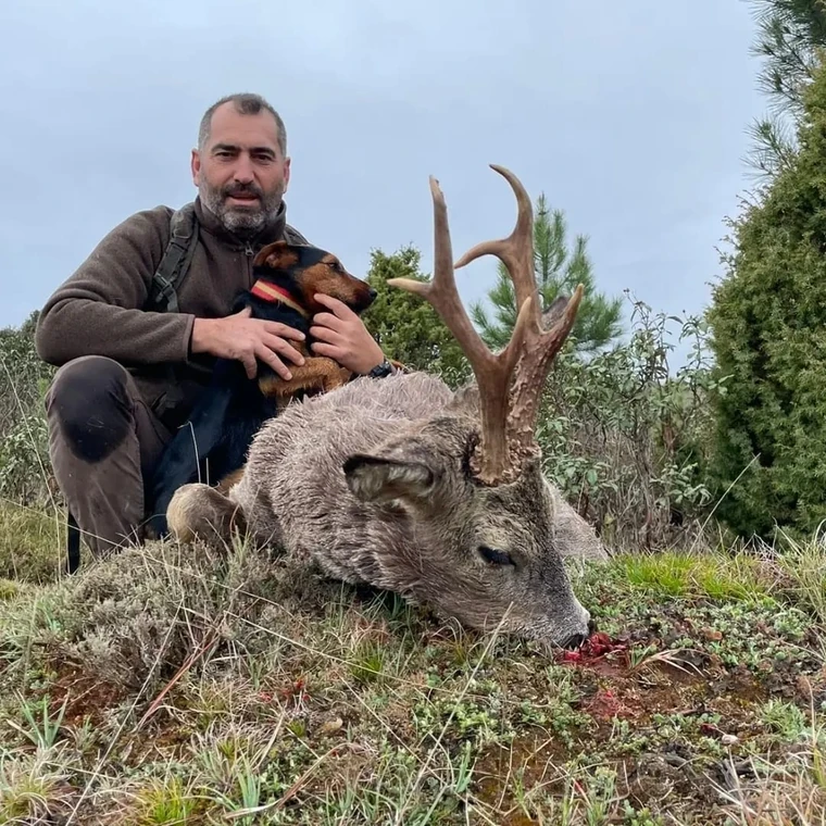 Hunter and dog with a roe deer in a grassy clearing, Spain