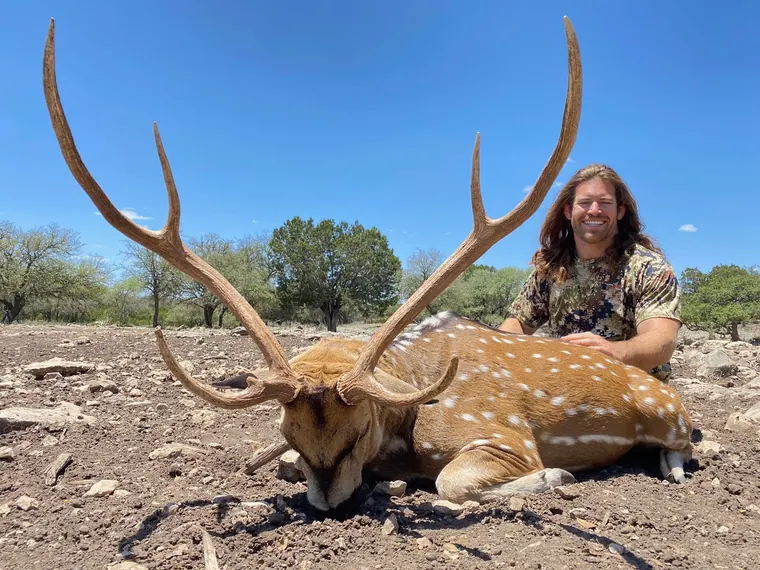 Hunter with a mature axis buck under a clear blue sky