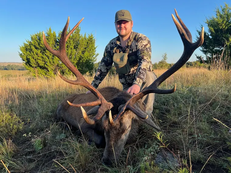 Hunter with a red stag in warm evening light